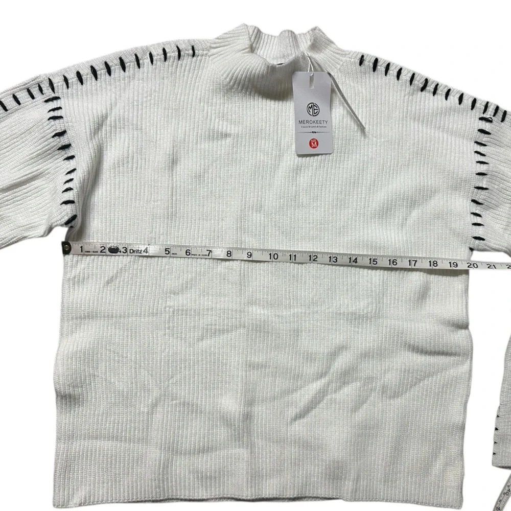 NWT Women’s Mock Neck White Sweater with Black Stitch Accents